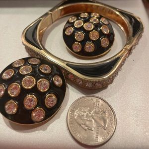 Modernist boho black enamel, rhinestone & goldtone set of earrings and bracelet